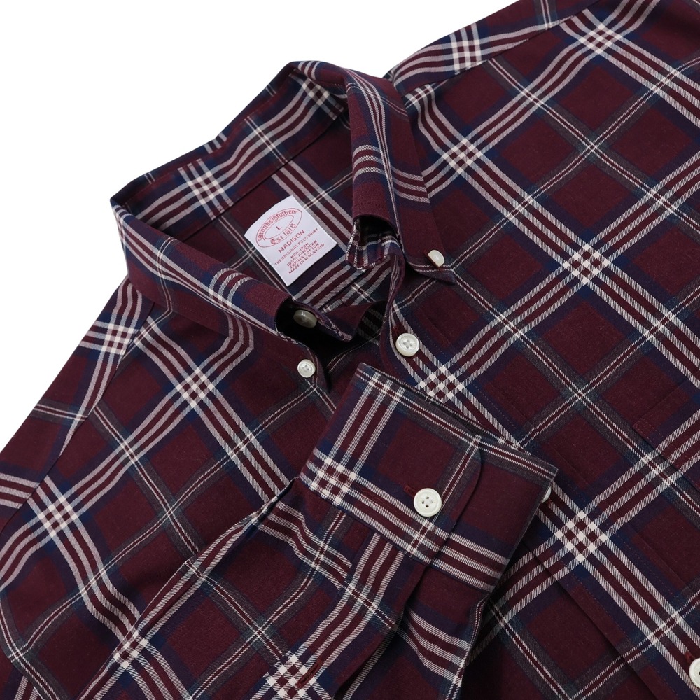 Brooks Brothers Madison Non-Iron Supima Cotton Plaid Shirt Mens Large Burgundy